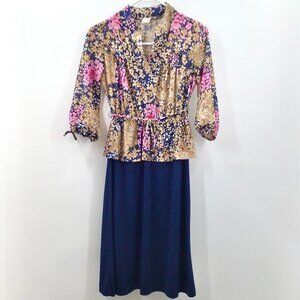 Vintage Womens Floral Peplum Dress M L Belted Puff Sleeves Cottagecore Secretary